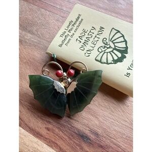 Jade Dynasty Collection Green Jade & Red Coral Butterfly Brooch Pin 1.5" New